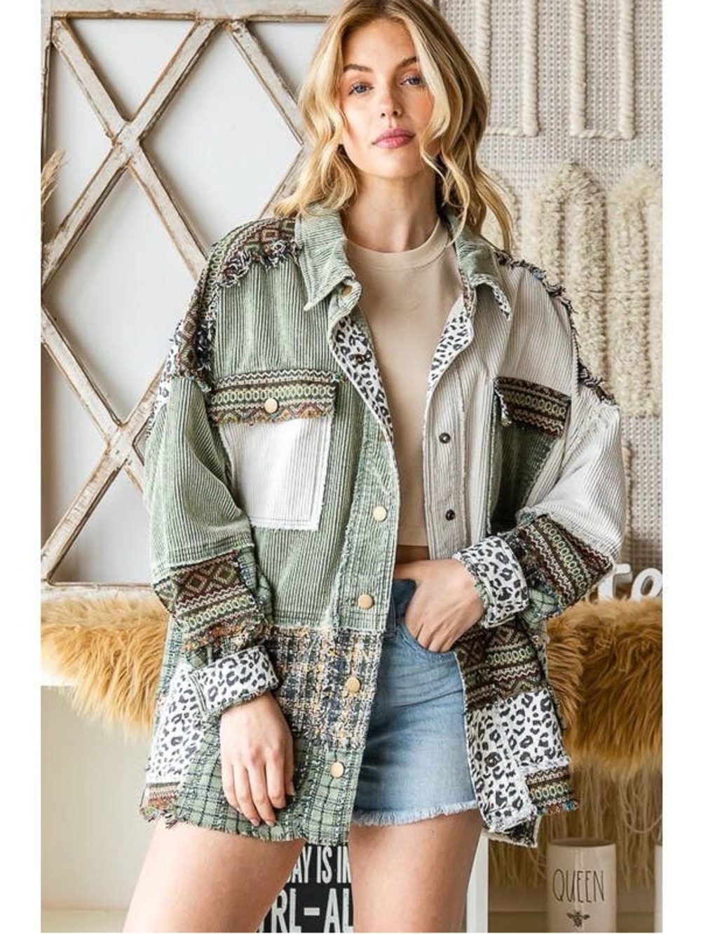 Oli & Hali Washed Mixed Media Pocket Cropped Corduroy Shacket Size L/XL